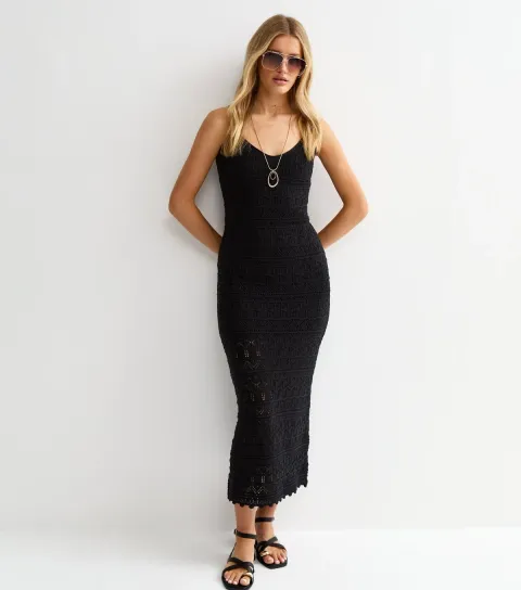 Women's Black Cotton Rich Open Knit V-Neck Midi Dress