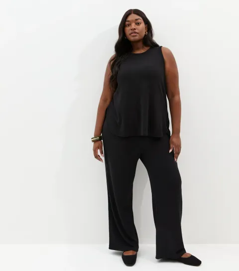 Women's Plus Size Black Textured Wide Leg Trousers Curves
