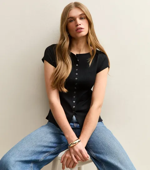 Women's Black Button Through Baby Tee