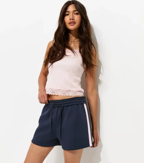 Women's Blue Cotton Rich Fold Over Waistband Side Stripe Shorts