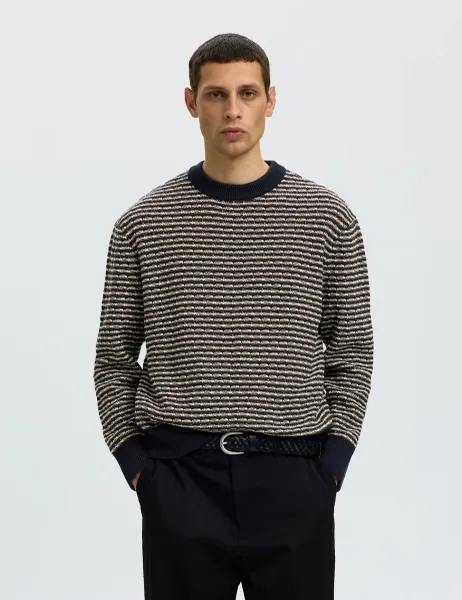 Selected Pure Cotton Striped Structured Crew Neck Jumper Navy Mix