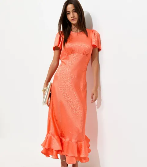 New Look Women's Bright Orange Satin Ruffled Hem Midi Dress