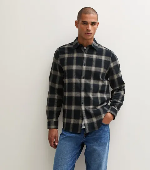 New Look Men's Blue Cotton Slim Fit Long Sleeve Check Pattern Shirt