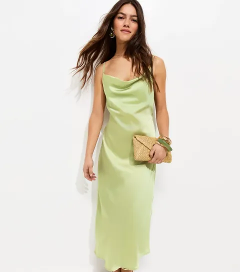 Women's Petite Light Green Satin Slip Midi Dress
