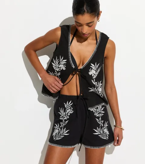 Women's Black Cotton Embroidered Floral Beach Shorts