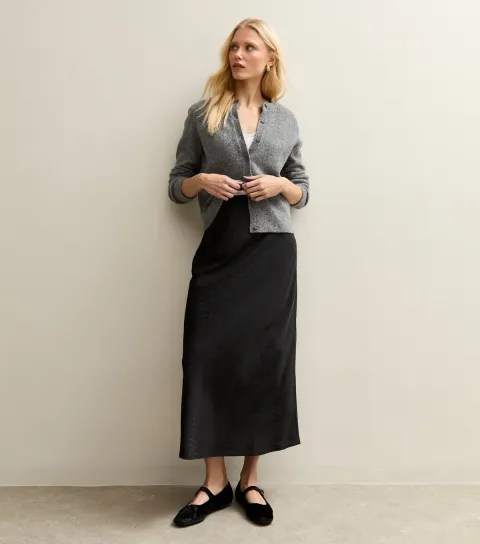 Women's Black Spot Jacquard Satin Bias Cut Midi Skirt