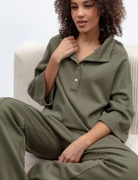 Cotton Modal Half Button Sweatshirt Olive