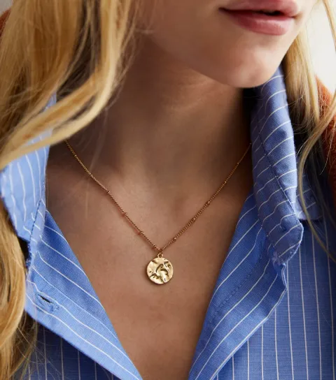18ct Gold Plated Hammered Circle Pendant Chain Necklace