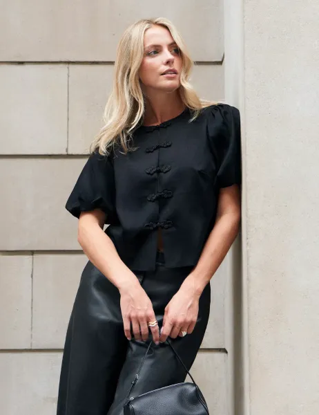 Cotton Rich Puff Sleeve Crop Top Black