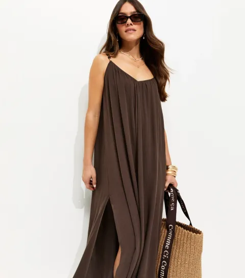 Women's Petite Dark Brown Covered Beaded Strap Beach Maxi Dress