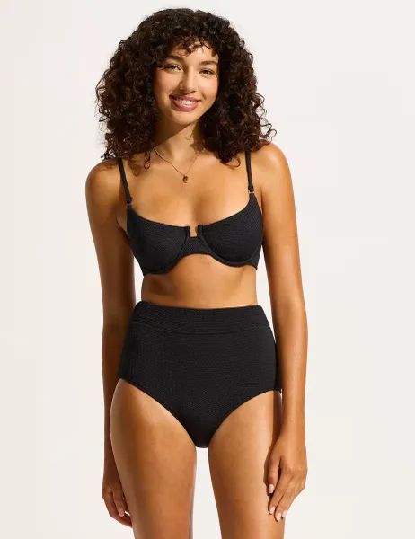 Seafolly Sea Dive Textured High Waisted Bikini Bottoms Black