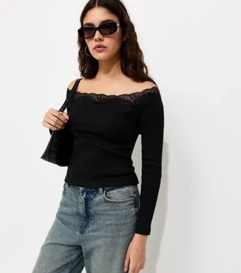 New Look Women's Black Cotton Rich Bardot Lace Trim Long Sleeve Top