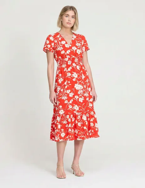 Finery London Spot Print V-Neck Midi Relaxed Tea Dress Red Mix