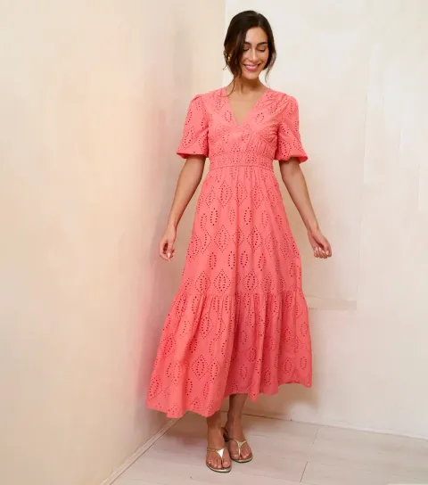 Women's Light Coral Diamond Cut Work Broderie Dress