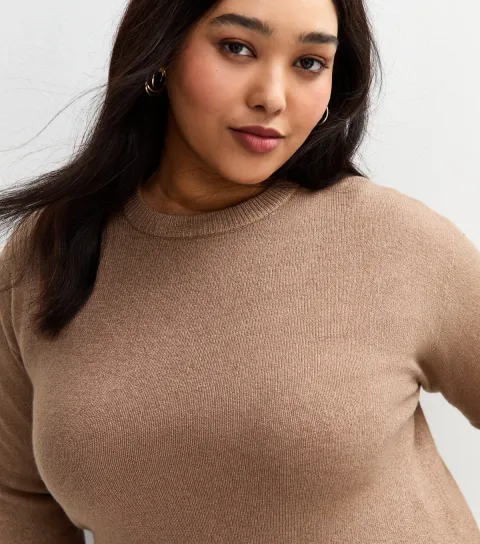 Women's Plus Size Brown Crew Neck Split Hem Jumper Curves