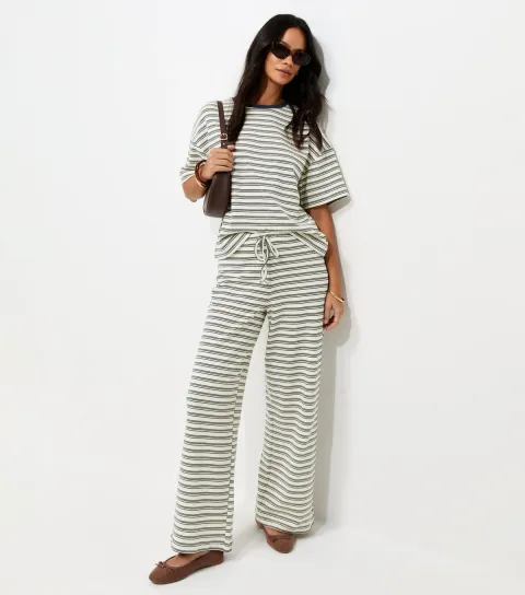 Women's Blue Soft Touch Striped Drawstring Wide Leg Trousers