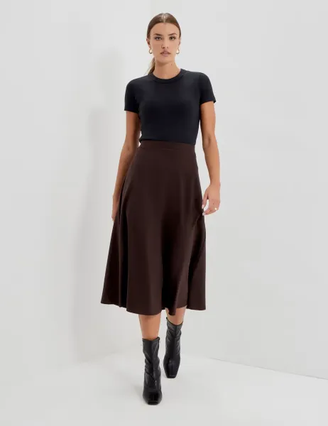 Jersey Midi A-Line Skirt Brown