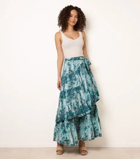 Women's Blue Wrap Tiered Maxi Skirt