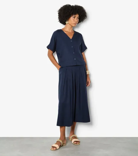 Women's Navy Short Sleeve Button Through Top