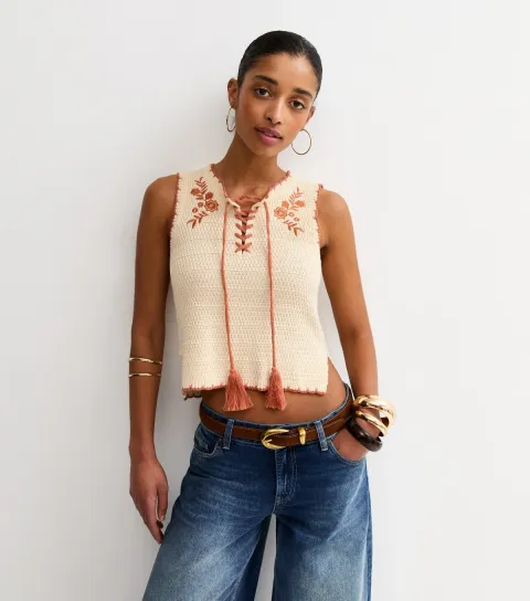 New Look Women's Cream Cotton Floral Embroidered Crochet Top