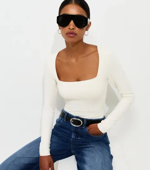 Women's Off White Long Sleeve Square Neck Slinky Bodysuit