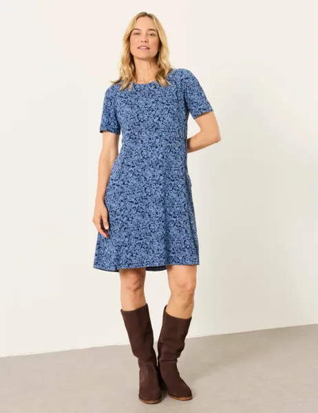 Jersey Two-Tone Floral Mini Shift Dress Blue Mix