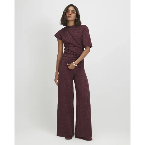 River Island Burgundy Glitter Thread Wide Leg Trousers