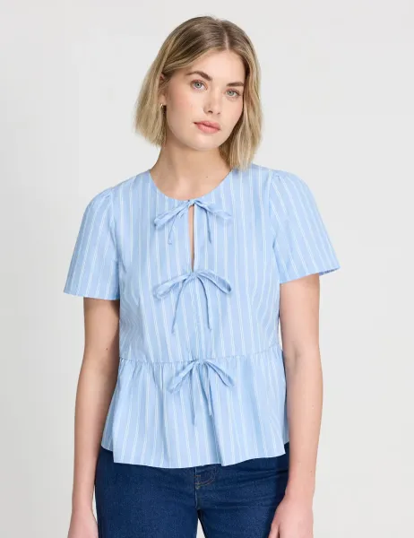 Finery London Pure Cotton Striped Tiered Blouse Blue Mix