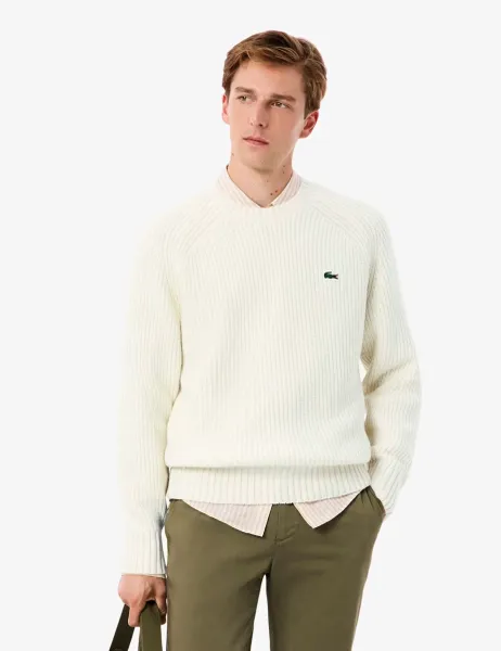 Lacoste Pure Wool Ribbed Crew Neck Jumper White