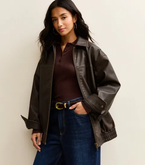 Women's Petite Oversized Washed Faux Leather Jacket