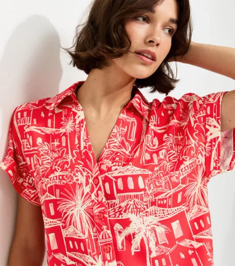 Women's Red House Print Short Sleeve Shirt