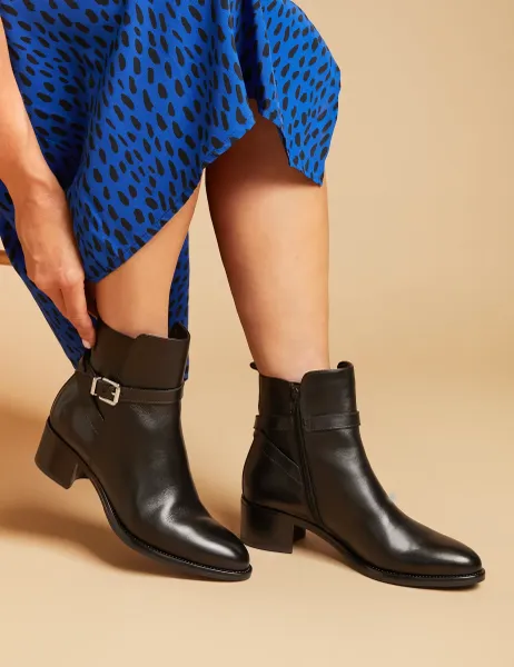 Jones Bootmaker Leather Buckle Block Heel Ankle Boots Black