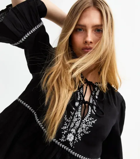 New Look Women's Black Floral Embroidered Tie Front Smock Top