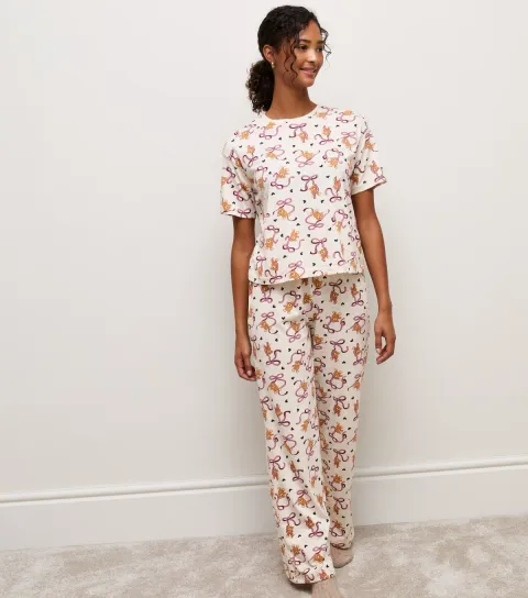 New Look Women's Cream Bear Bow Patterned Pyjama Trouser Set