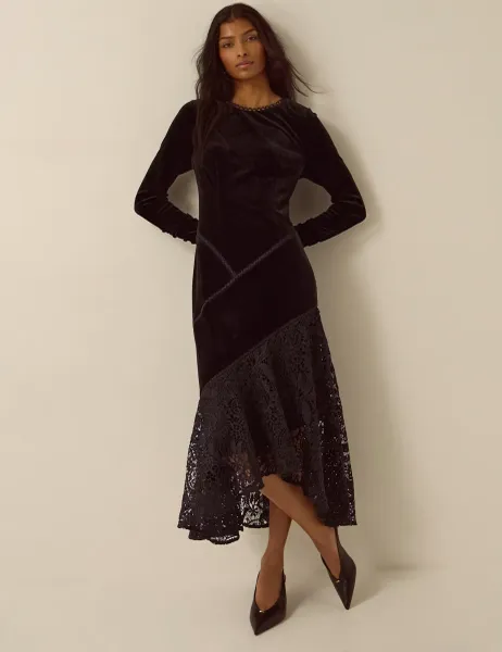 Monsoon Velvet Scoop Neck Zip Up Dress Black