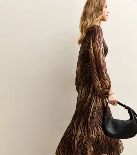 Women's Brown Chiffon Zebra Print Long Sleeve Midi Dress