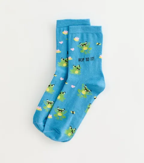 Bright Blue Hop To It Frog Pattern Socks