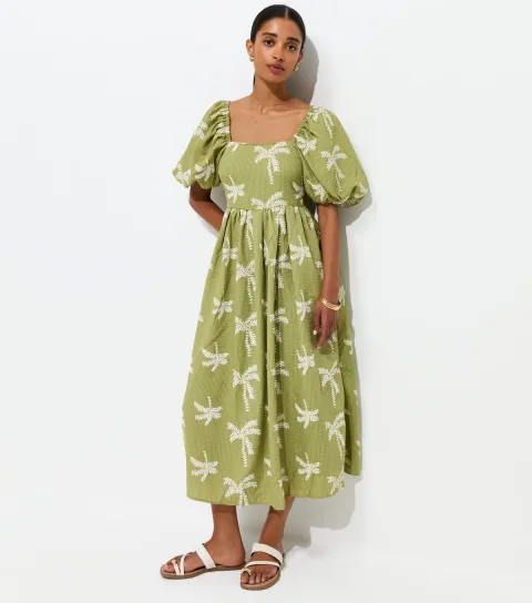 Women's Green Embroidered Palm Tree Puff Sleeve Midi Dress