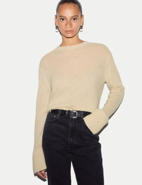 Jigsaw Pure Cashmere Round Neck Fluted Cuff Jumper Cream