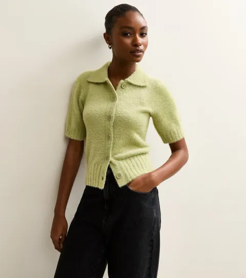 Women's Light Green Fluffy Knit Short Sleeve Collared Cardigan