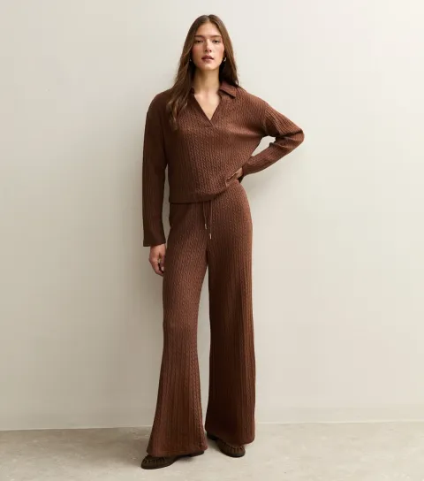 Women's Brown Soft Touch Cable Knit Wide Leg Trousers