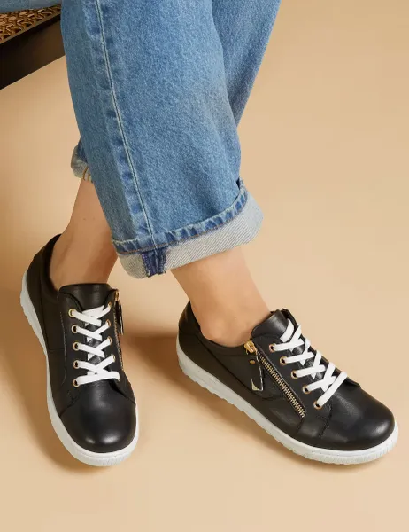 Jones Bootmaker Wide Fit Leather Lace Up Trainers Black