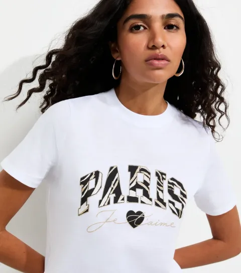 Women's White Cotton Paris Zebra Print Relaxed Fit T-Shirt