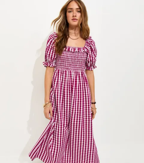 Women's Red Cotton Blend Short Sleeve Gingham Shirred Frill Midi Dress