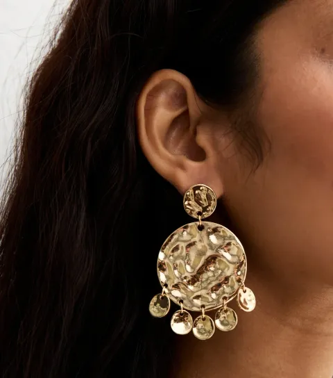 Gold Tone Hammered Disk Charm Earrings