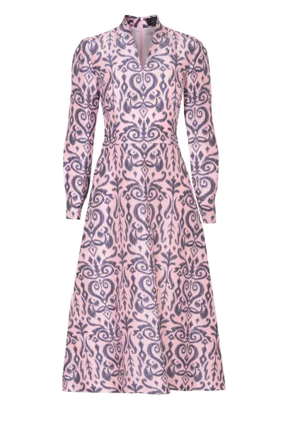 Sophie Dress in Pink/Grey Ikat Printed Silk Shantung