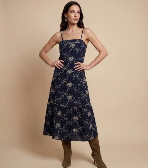 Women's Navy Embroidered Maxi Dress