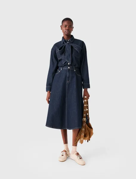 Denim shirt with pussy bow