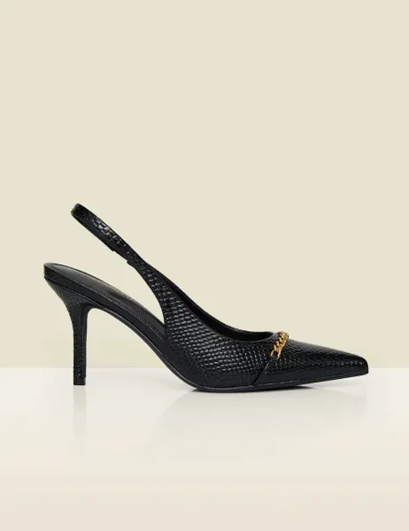 SOSANDAR Croc Chain Stiletto Pointed Slingback Shoes Black