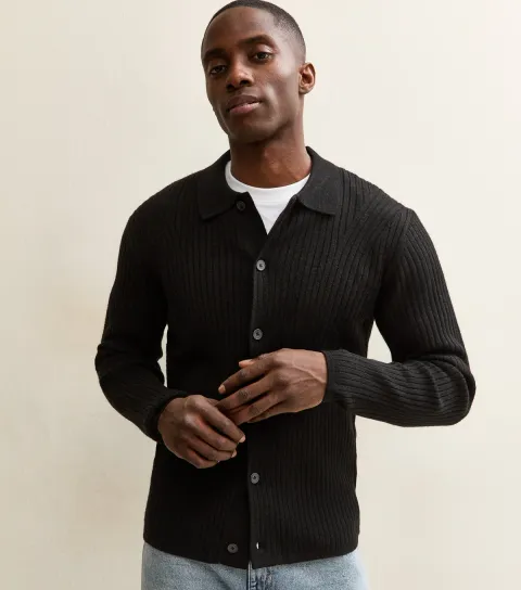 Jack & Jones Men's Black Regular Ribbed Polo Cardigan